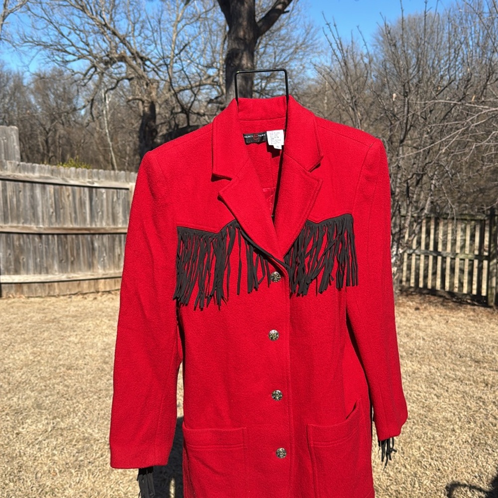Vintage Red Wool Black Fringed Western Jacket Western coat sz 10 as is